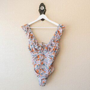 Cupshe One Piece Swimsuit L Floral Ruffle V Neck Tie Back Women Large Boho